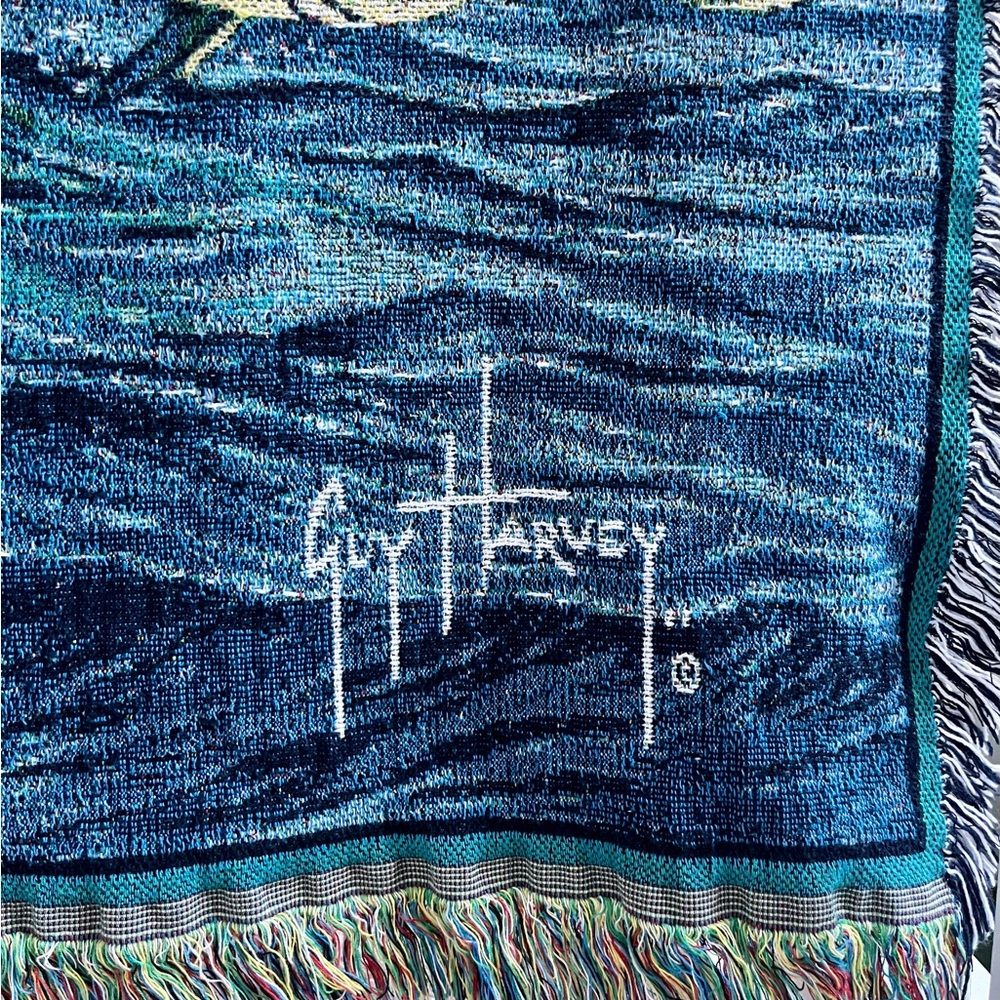 Vintage Guy Harvey Marlin Afghan Tapestry Fringed 48x68 Throw Blanket Rare VTG - Picture 4 of 6